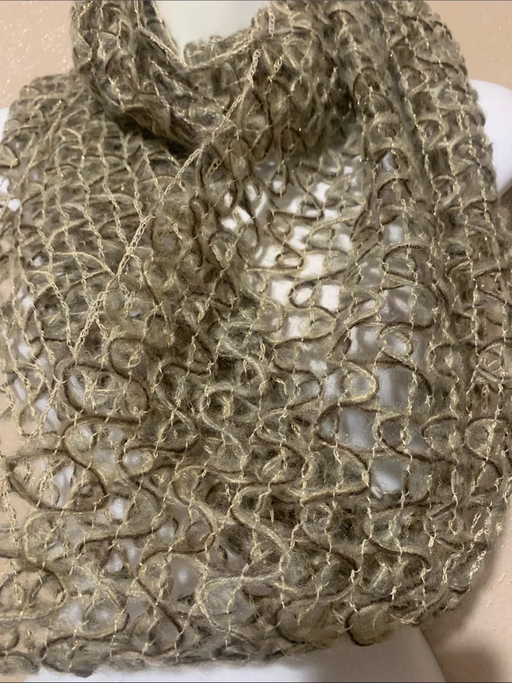 14. Everyday Infinity Scarf, Open-Weave Metallic Tan Loop Scarf NWT